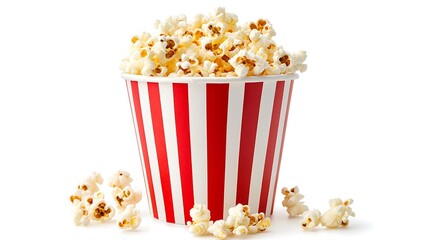 A close-up of a red and white striped paper bucket filled to the brim with popcorn. Several pieces are scattered near the base.
