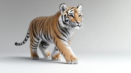 Obraz premium A young Bengal tiger walking forward in a studio setting with a clean grey background.