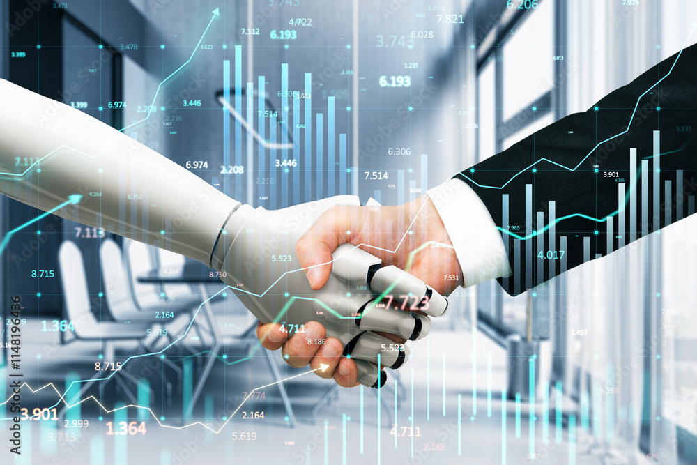 Aufkleber Robot and human handshake with financial graphs in the background, symbolizing AI integration in business and financial sectors.