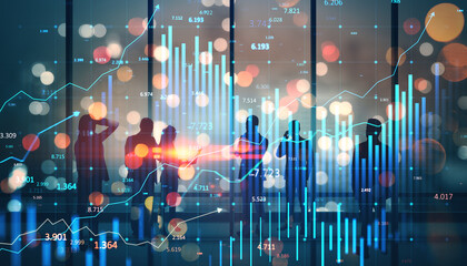 Business professionals analyzing financial data with graphs and charts overlay in a modern office environment.