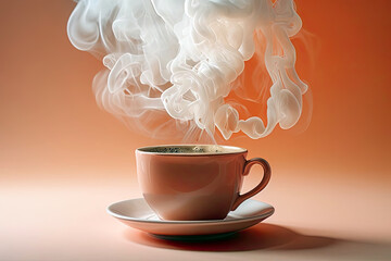 Steaming cup of coffee with swirling steam against a warm orange background