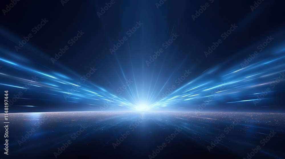Poster bright blue light rays burst from a central point, creating a dynamic, futuristic effect over a city