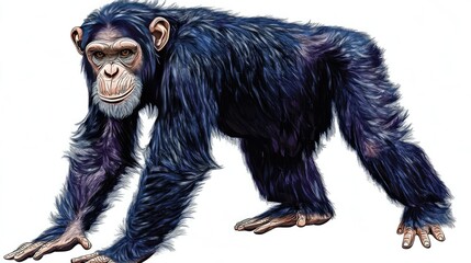Fototapeta premium Realistic Illustration of a Black-Furred Chimpanzee Walking on All Fours Against a White Background, Capturing the Grace and Intelligence of This Primate Species