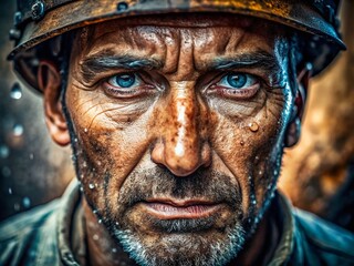 Macro Photography: Miner's Resilience, Rain-Streaked Face, Determination, Grit, Harsh Environment, Close-Up