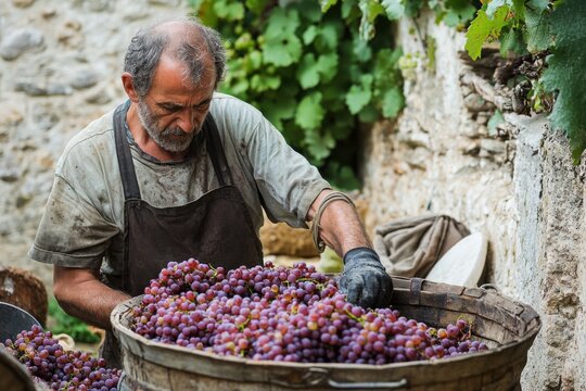 A French peasant in a village in France produces his own wine by fermenting grapes