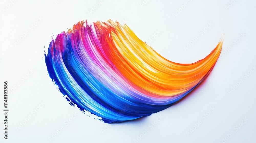 Poster vibrant brush stroke of colorful paint in sunset shades creating a dynamic wave on a white backgroun