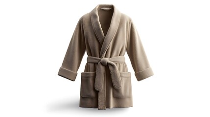 A tan, belted bathrobe against a white background. The robe has a soft, plush texture and features cuffed sleeves and two front pockets.