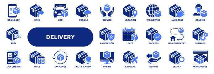 Set of vector solid icons related to delivery and shipping service, transportation and logistic. Symbols for website or app ui, logo design, illustration