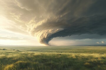 Mesocyclone supercell forming tornado over Great Plains grassland.