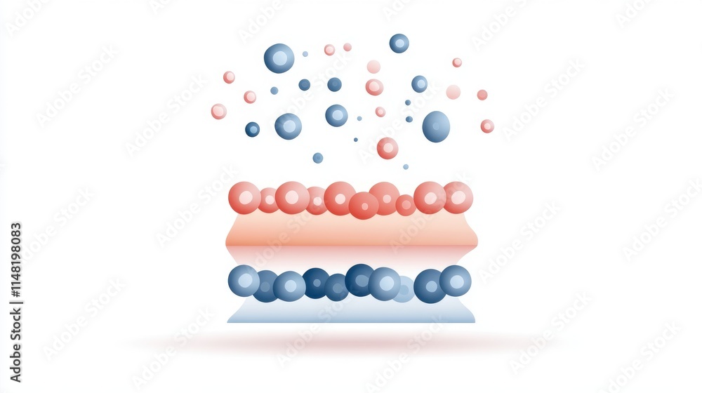 Poster abstract illustration of layered spheres in varying colors representing molecular structures and int