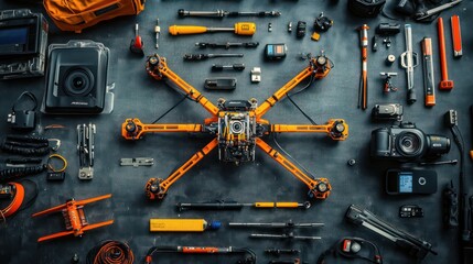 Fototapeta premium Orange drone surrounded by photography and repair tools on dark surface.