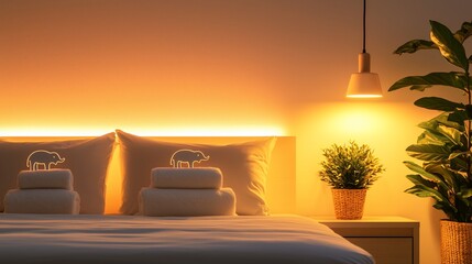 Warm-lit bedroom with cozy bed, pillows, towels, plant, and lamp.