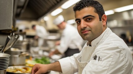 Fototapeta premium Confident male chef in a busy restaurant kitchen, preparing food.