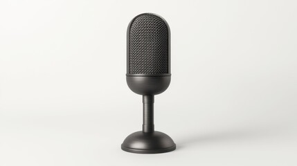 A sleek, black microphone stands upright against a neutral backdrop, emphasizing its design and...