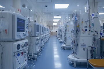 A medical facility with multiple dialysis machines arranged in a clinical setting.