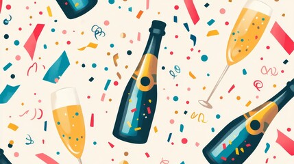 Festive Champagne Celebration Seamless Pattern with Bubbles, Streamers, and Confetti on Light Background