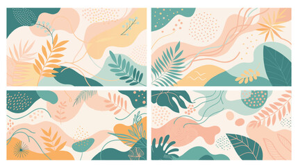 Naklejka premium Six modern, artistic backgrounds with organic shapes, leaves, dots, and pastel colors for versatile creative projects