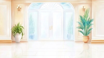 A bright, airy entrance hall featuring large doors, elegant windows, and vibrant greenery in stylish pots.