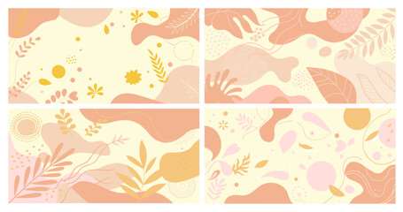 Four distinct abstract backgrounds combine geometric shapes, floral elements, and flowing lines in a modern and artistic presentation, ideal for banners, backdrops, or creative projects