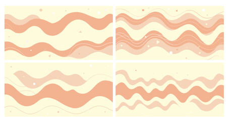 Six variations of an abstract background design featuring wavy stripes in orange, teal, pink, and light blue, with small dots adding a playful touch