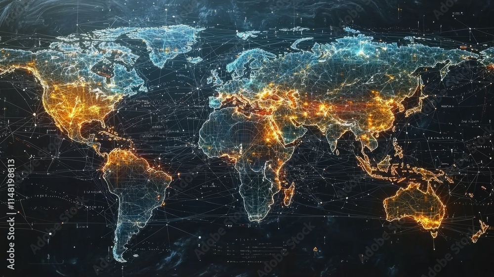 Poster an intricate world map illuminated with vibrant lines, depicting financial connections and global ne