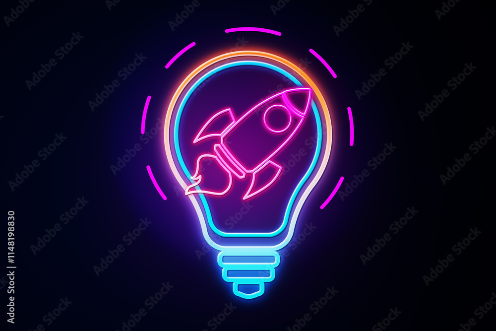 Poster neon rocket inside lightbulb glowing on dark background, symbolizing innovation, startup ideas, and 