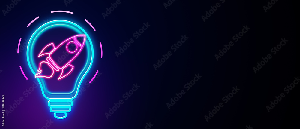 Poster Neon lightbulb with rocket inside glowing on dark background, symbolizing startup and innovation concept. 3D Rendering