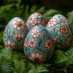  Hand-painted Easter eggs with intricate floral patterns displayed on a mossy surface for a natural and festive look