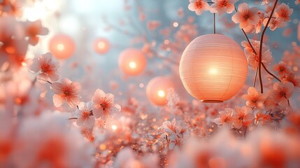 Obraz premium Dreamy cherry blossoms with glowing lanterns. Serene spring scene, perfect for Asian-inspired, nature, and festive projects. Magical and soft light.