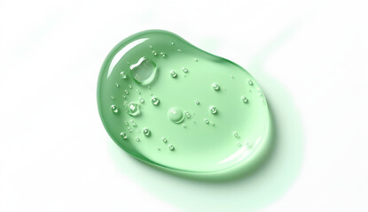 Clear green cosmetic gel serum oil texture isolated on white background. Hyaluronic acid skincare product with bubbles macro. on top view