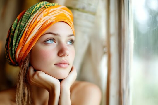 Portrait of beautiful red-haired woman merging with nature. Beautiful simple AI generated image