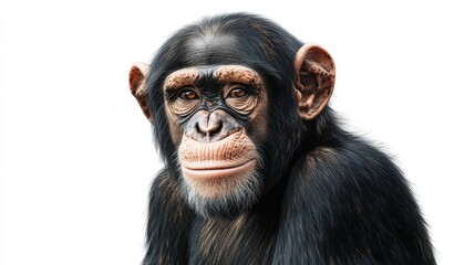Fototapeta premium Close-Up Portrait of a Chimpanzee Features Expressive Eyes and Detailed Fur on a White Background, Perfect for Nature and Wildlife Themes