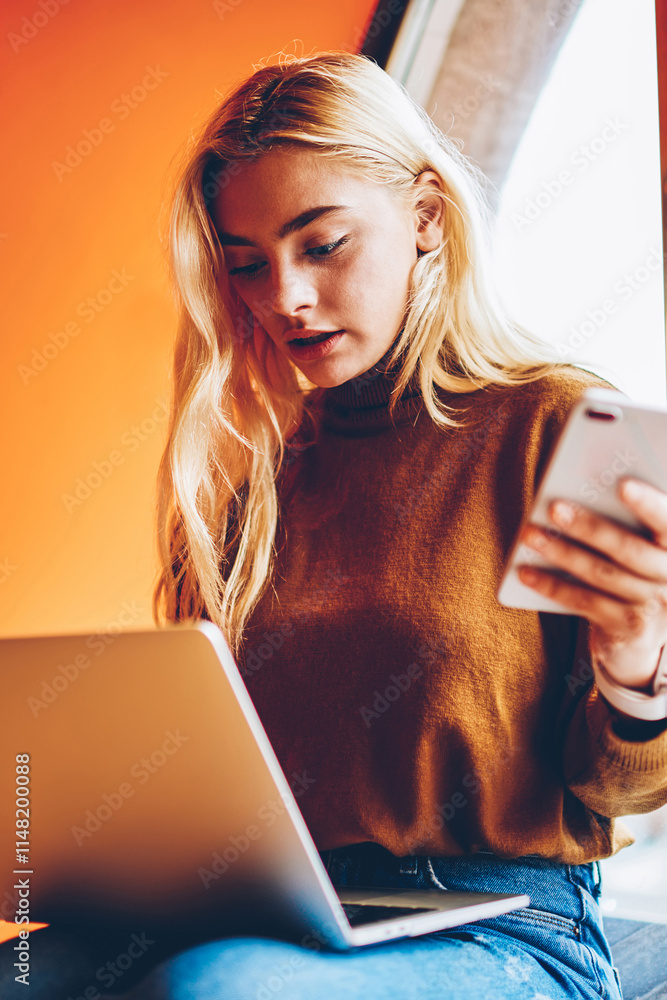 Poster shocked young woman stressed with software failure learning online course on netbook,stressed hipste