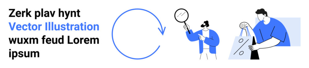 Man examining data with a magnifying glass and another person handling shopping bags. Ideal for business efficiency, continuous improvement, customer satisfaction, retail management, quality control