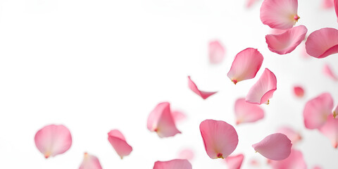 ultra high resolution quality image, Photo of vibrant pink rose flowers petals falling on white background