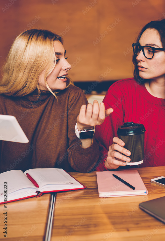 Poster young woman gesturing while explaining point of view to colleague preparing coursework with, student