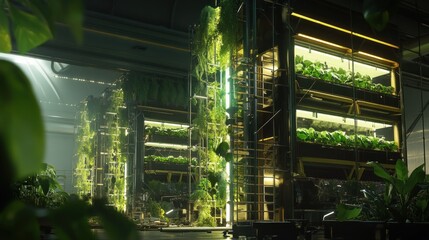 Futuristic vertical farm with plants growing in stacked layers under artificial light.