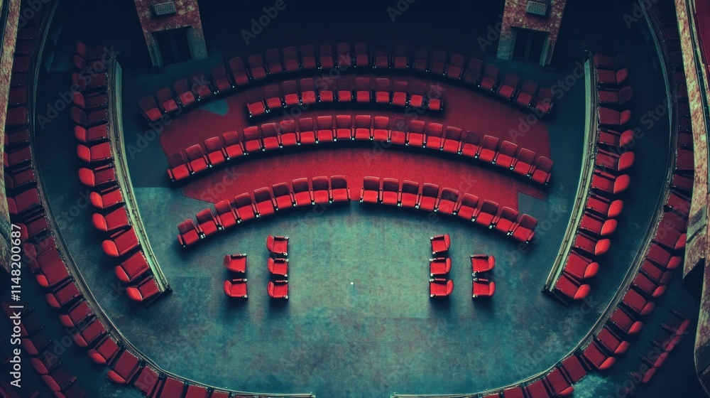 Poster high-angle view of empty red seats in a circular auditorium.