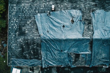 Hurricane damage  Roof leak protected with tarp sheets.