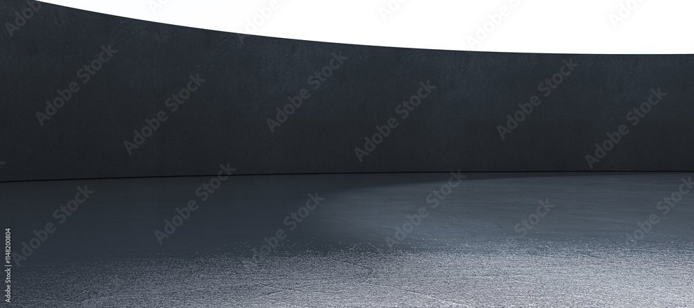 Poster minimalist curved black concrete wall with reflective ground in an open space. 3d rendering