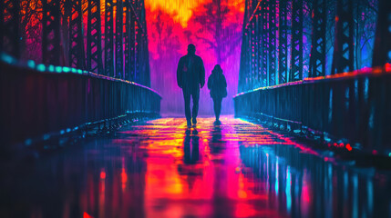 Naklejka premium Couple walking on colorful bridge at night in rain, vibrant reflections
