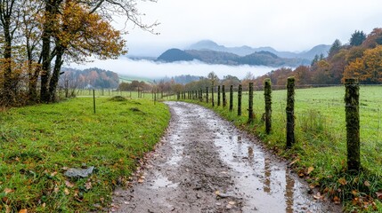 Obraz premium A muddy dirt road winds through green fields and autumn trees toward misty mountains on an overcast day.