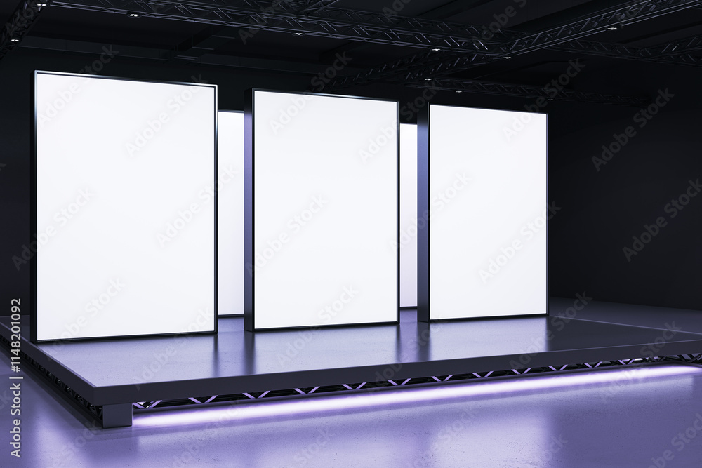 Poster blank display panels on a stage in a dark exhibition hall with purple lighting. 3d rendering
