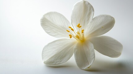 Delicate White Flower with Petals Displaying Fine Veins and Vibrant Yellow Stamens Against a Soft Neutral Background for Serenity and Calmness in Design