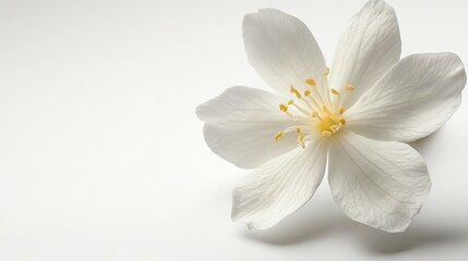 Obraz premium Elegant White Bloom with Delicate Petals and Bright Yellow Stamen Against Soft Background for Nature and Floral Themes