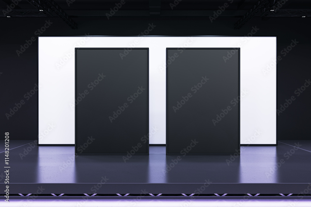 Poster modern exhibition booth with two black panels on an elevated stage, illuminated by soft white light 