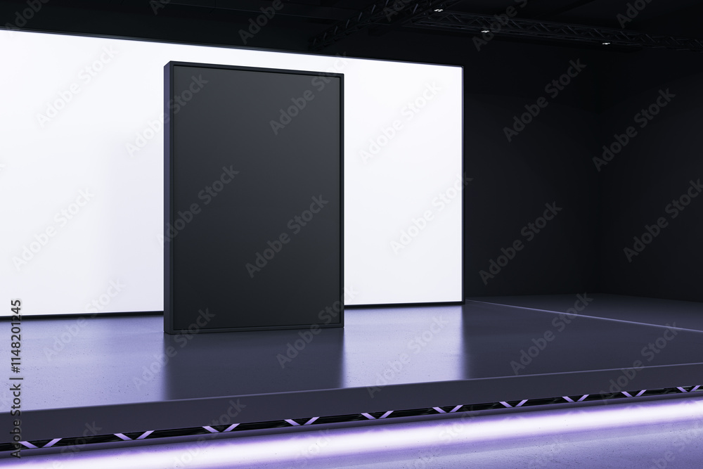 Poster Black and white display panels on a modern stage with dark background and illuminated base for events and branding presentations. 3D Rendering