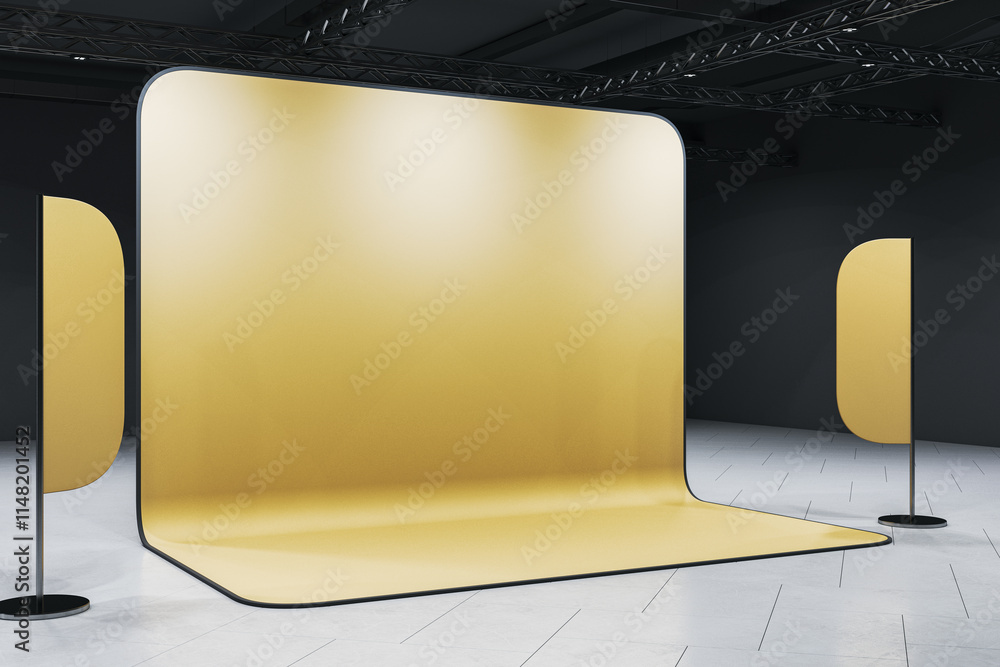 Poster minimalist exhibition booth with blank yellow panels in a modern hall, designed for branding or prod