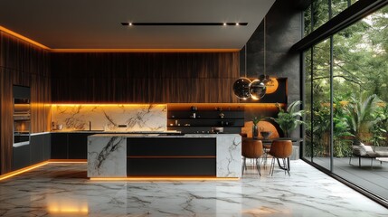 Modern kitchen with marble island, wood wall, and garden view.