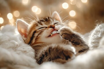 Cat Table Home - A gray tabby cat sits on a table in a home, staring intently at the camera.. Beautiful simple AI generated image